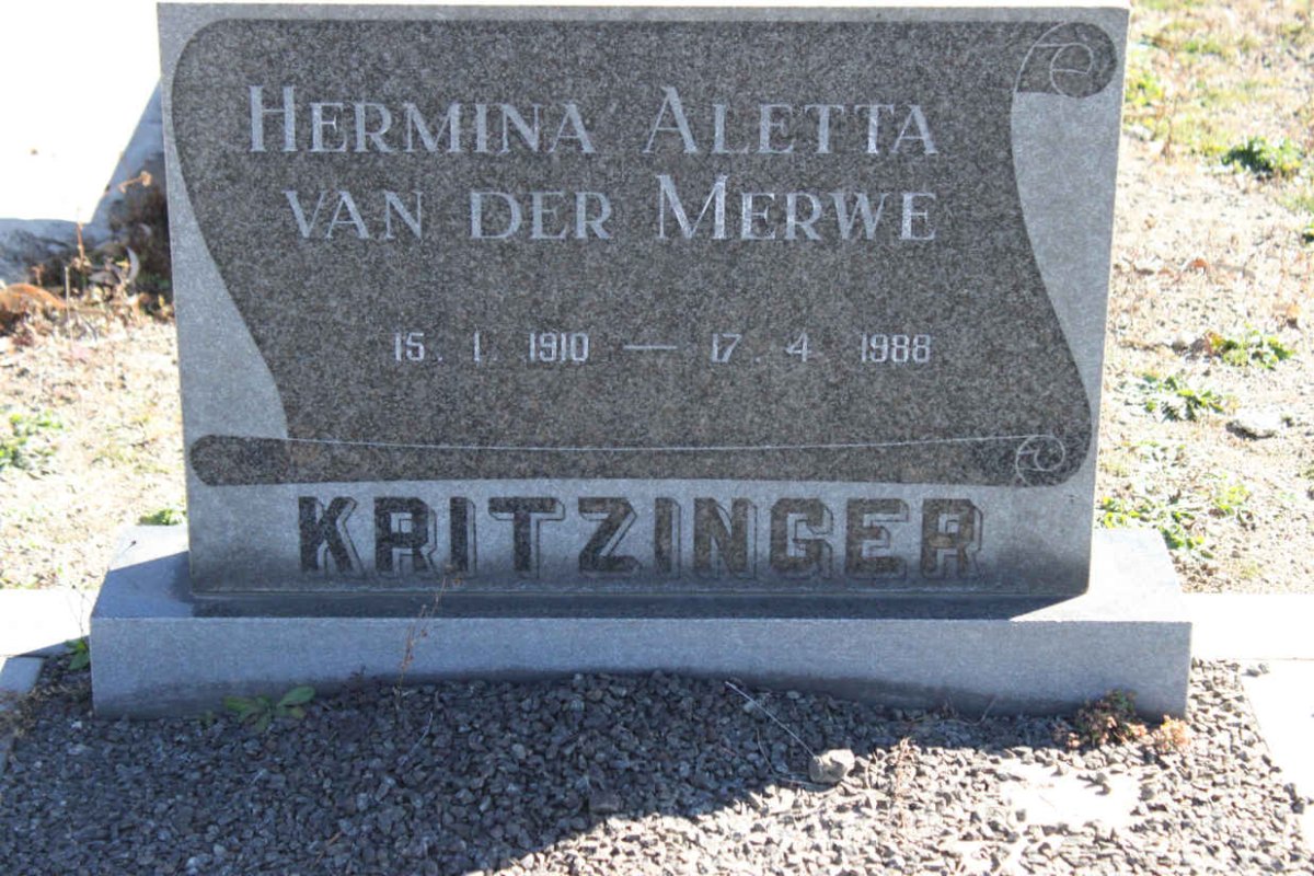 KRITZINGER Hermina Aletta nee VAN DER MERWE 1910-1988