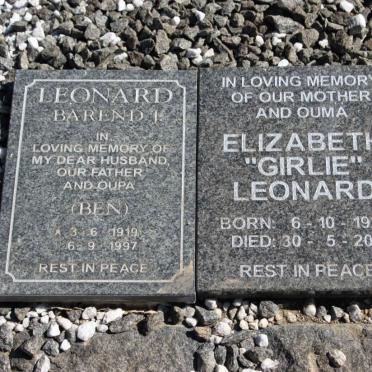 LEONARD Barend J. 1919-1997 &amp; Elizabeth 1925-2006