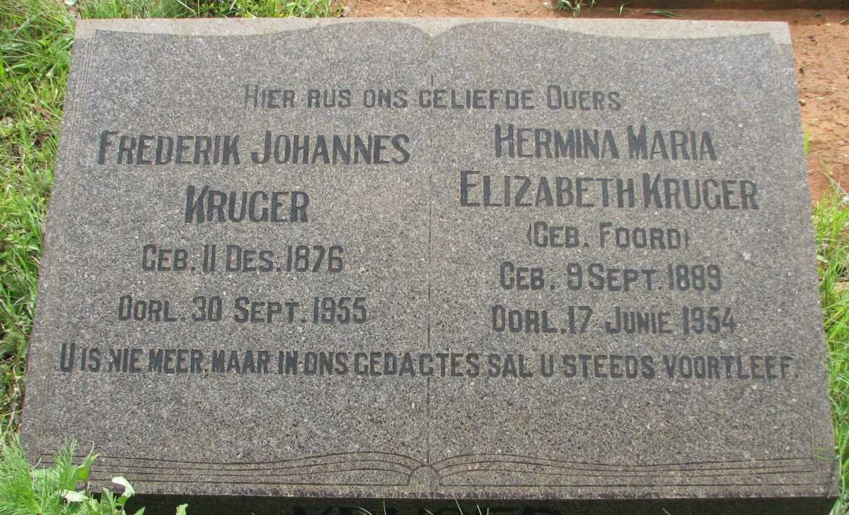KRUGER Frederik Johannes 1876-1955 &amp; Hermina Maria Elizabeth FOORD 1889-1954