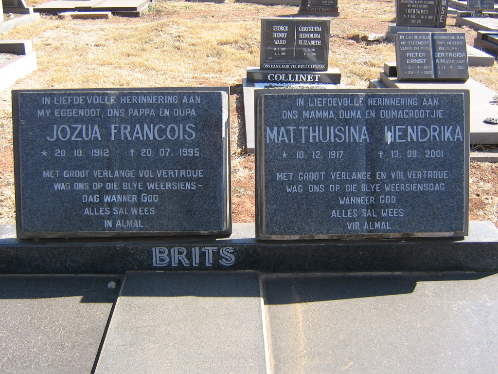 BRITS Jozua Francois 1912-1995 &amp; Matthuisina Hendrika 1917-2001