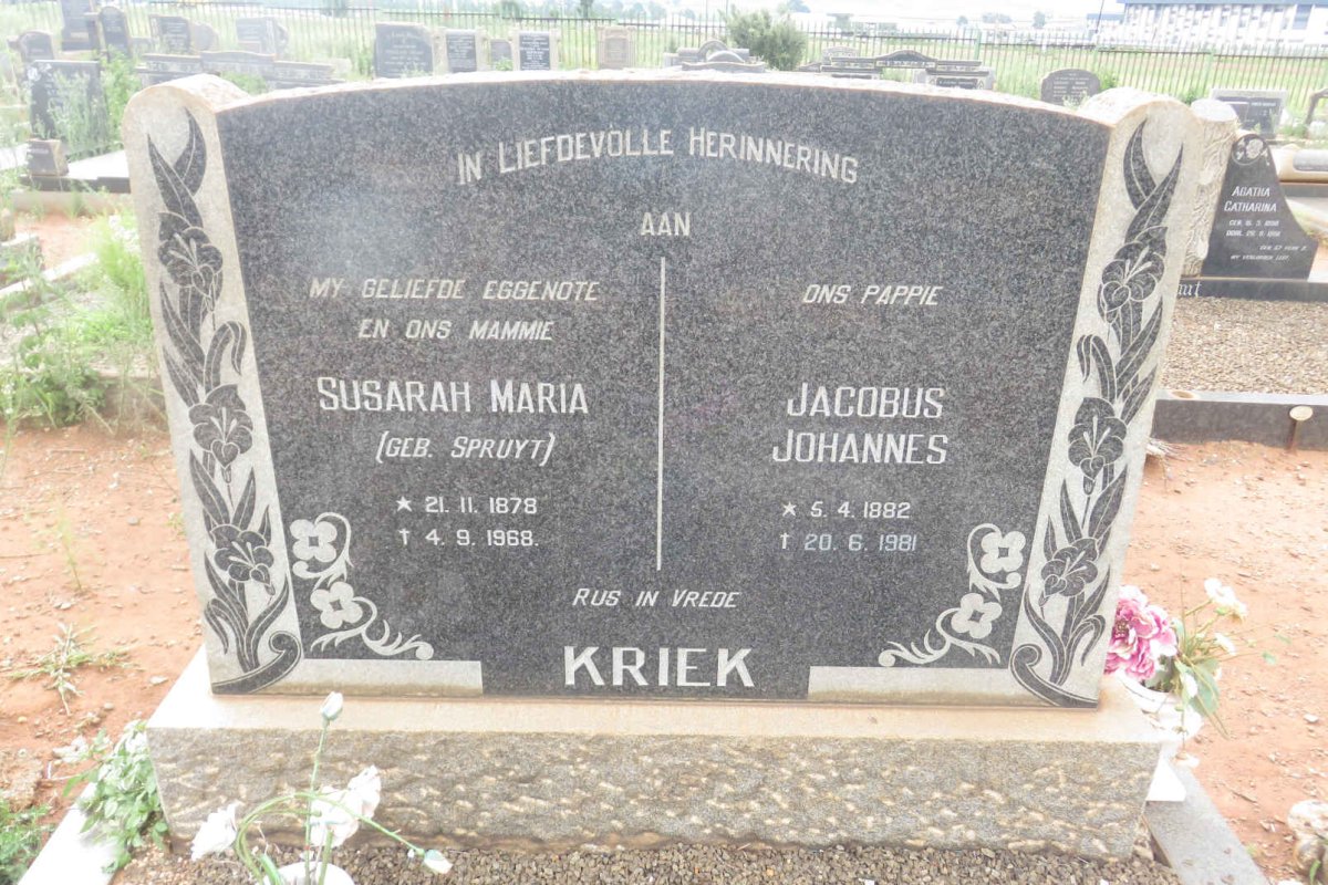 KRIEK Jacobus Johannes 1882-1981 &amp; Susarah Maria SPRUYT 1878-1968