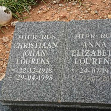 LOURENS Christiaan Johan 1918-1998 &amp; Anna Elizabeth 1923-2012