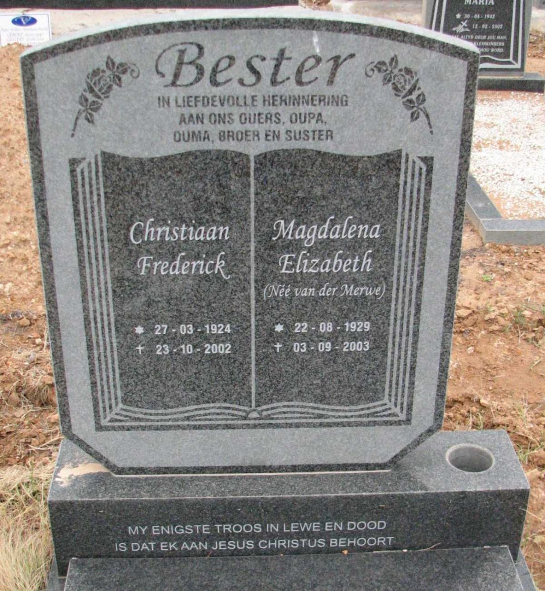 BESTER Christiaan Frederick 1924-2002 &amp; Magdalena Elizabeth VAN DER MERWE 1929-2003