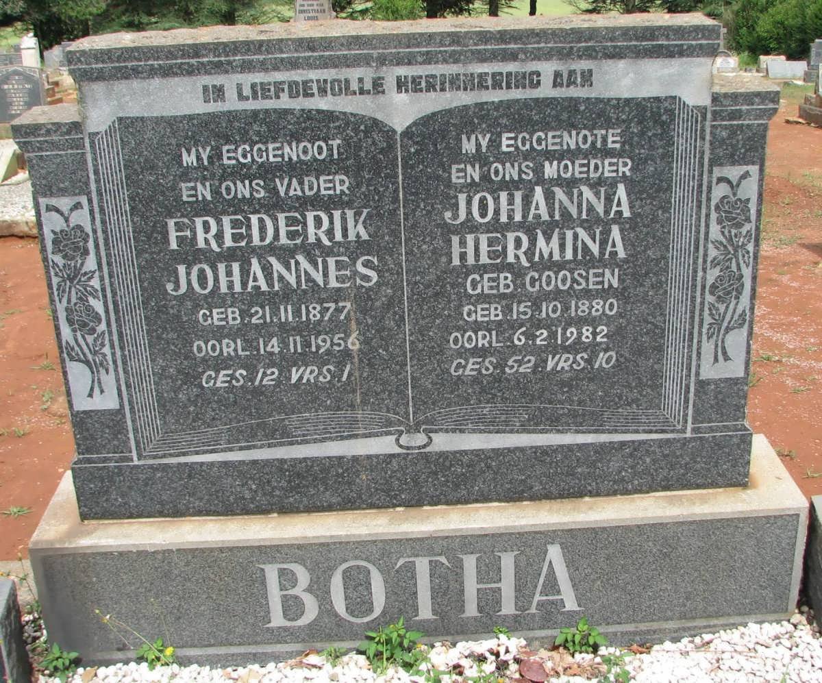 BOTHA Frederik Johannes 1877-1956 &amp; Johanna Hermina GOOSEN 1880-1982