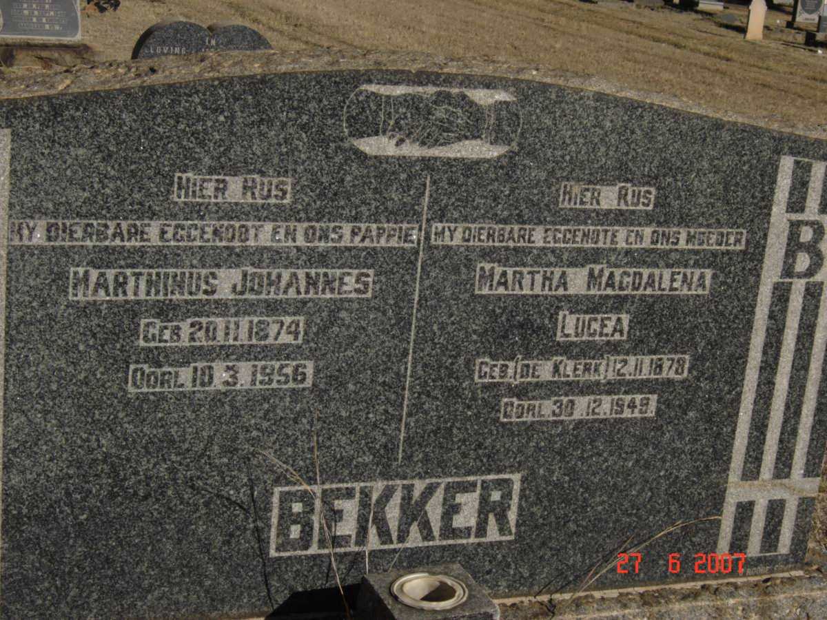 BEKKER Marthinus Johannes 1874-1956 &amp; Martha Magdalena Lucea DE KLERK 1878-1949