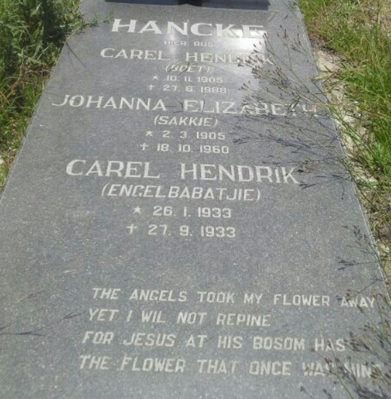 HANCKE Carel Hendrik 1905-1988 &amp; Johanna Elizabeth 1905-1960 :: HANCKE Carel Hendrik 1933-1933