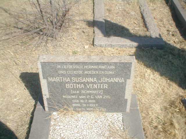 VENTER Martha Susanna Johanna Botha voorheen VAN ZYL nee SCHWARTZ 1891-1957