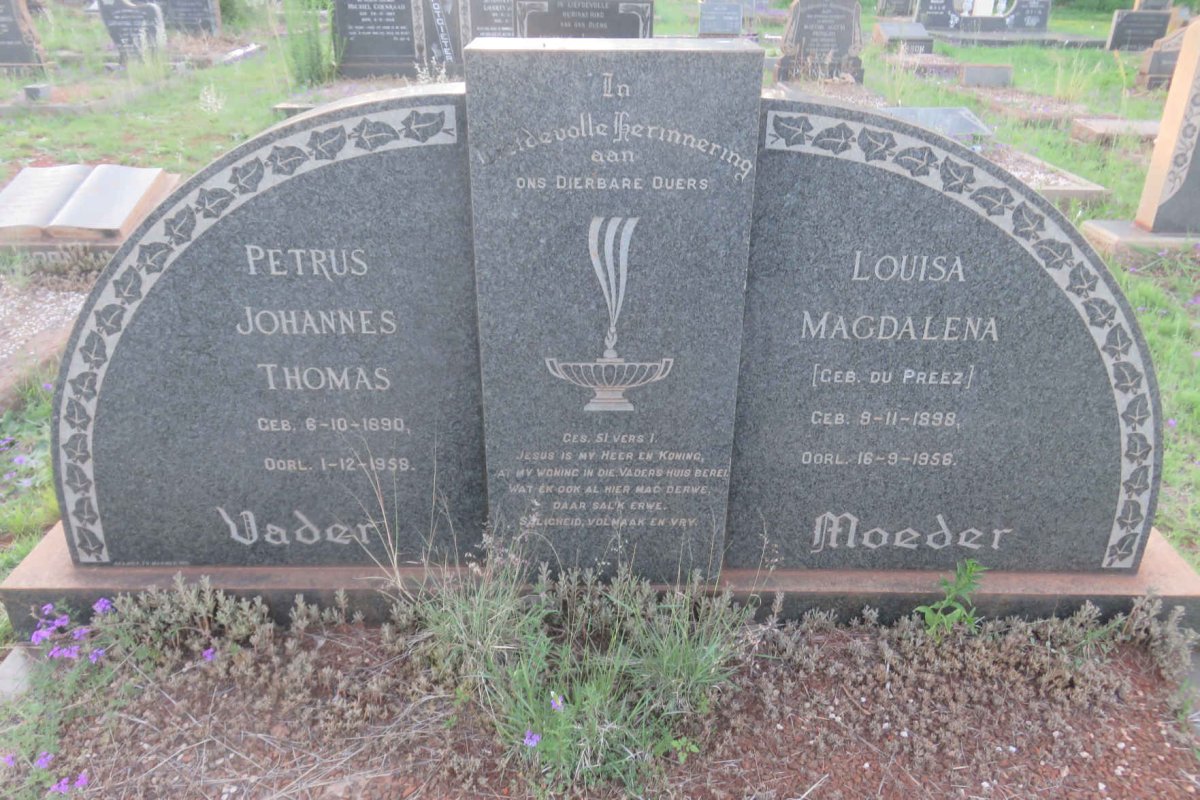 KRUGEL Petrus Johannes Thomas 1890-1958 &amp; Louisa Magdalena DU PREEZ 1898-1956