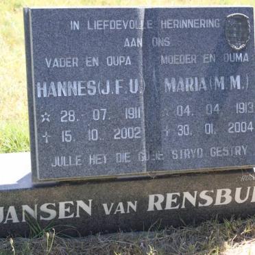 RENSBURG J.F.U., Jansen van 1911-2002 &amp; M.M. 1913-2004