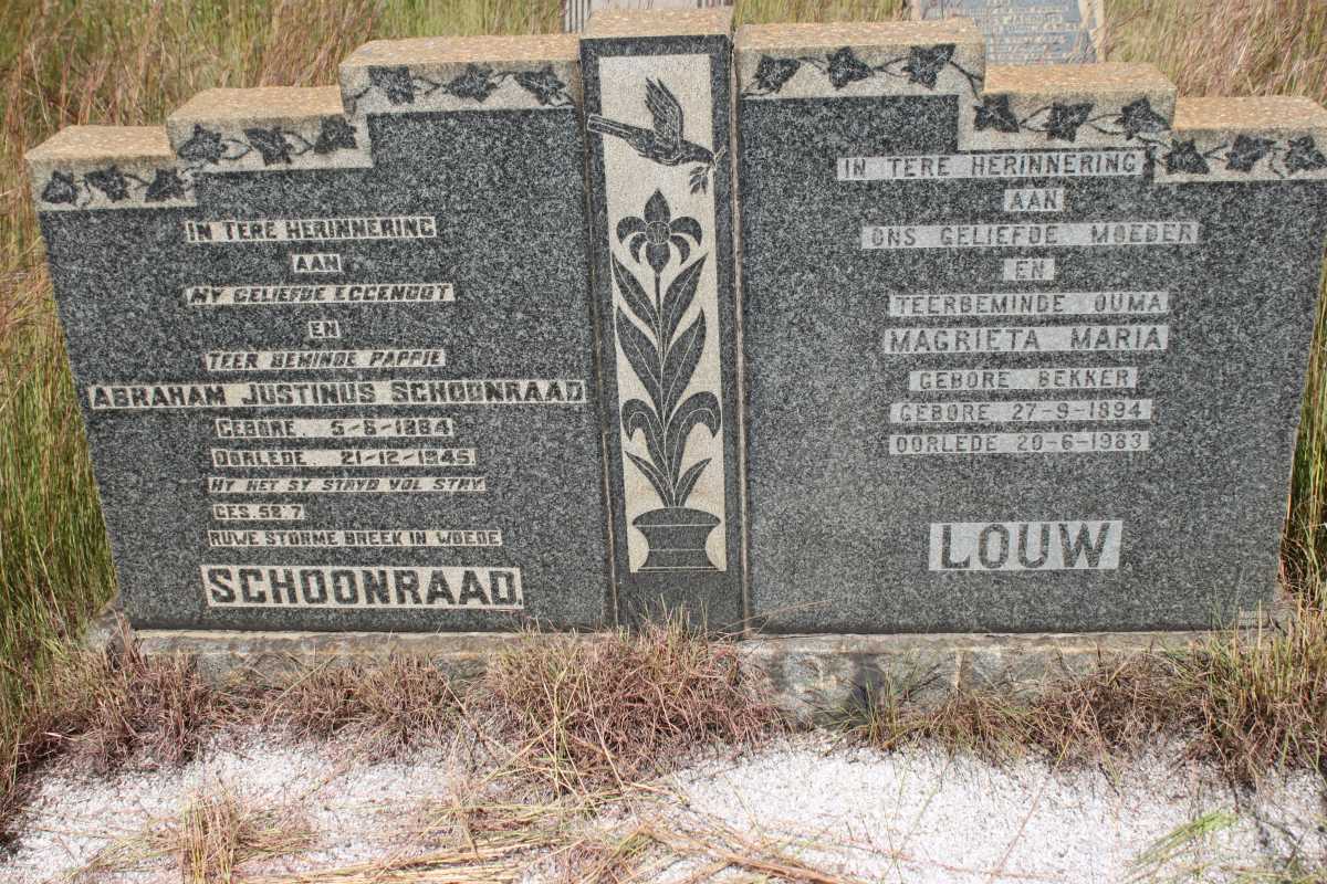 SCHOONRAAD Abraham Justinus 1884-1945 &amp; Magrieta Maria LOUW voorheen SCHOONRAAD GEB BEKKER 1894-1983