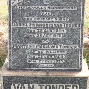TONDER Daniel Francois, van 1864-1950 &amp; Marthina Maria de VILLIERS 1860-1937