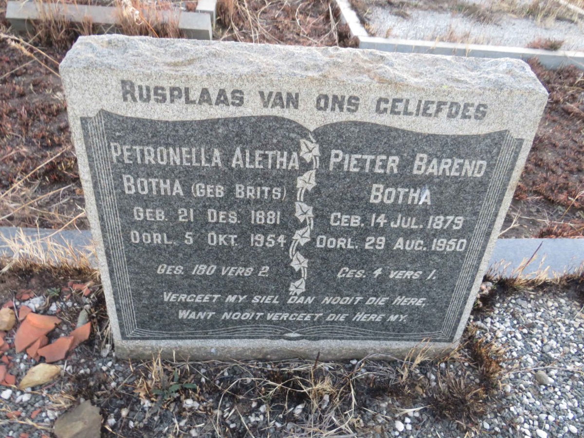 BOTHA Pieter Barend 1879-1950 & Petronella Aletha BRITS 1881-1954