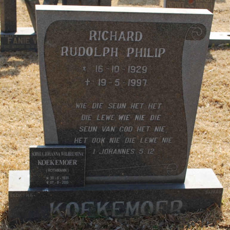 KOEKEMOER Richard Rudolph Philip 1929-1997 &amp; Sophia Johanna Wilhelmina ROTHMAN 1931-2000