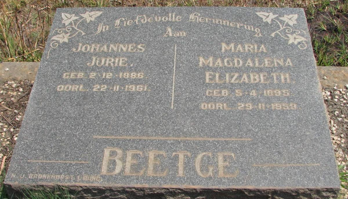 BEETGE Johannes Jurie 1886-1961 &amp; Maria Magdalena Elizabeth 1895-1959