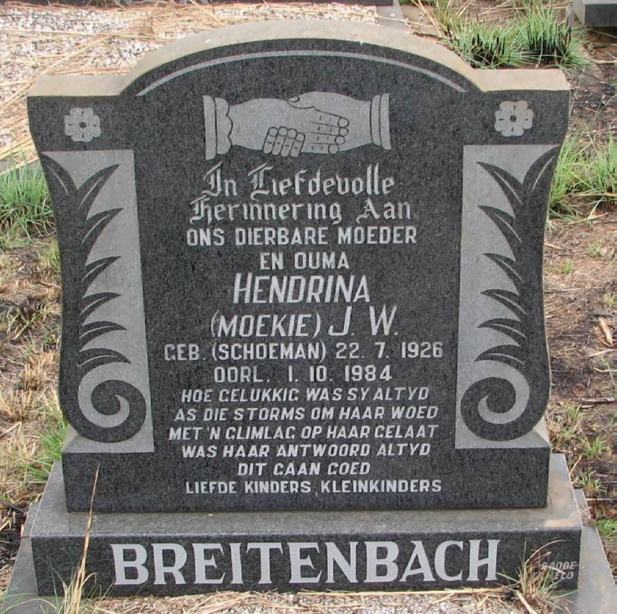 BREITENBACH Hendrina J.W. nee SCHOEMAN 1926-1984