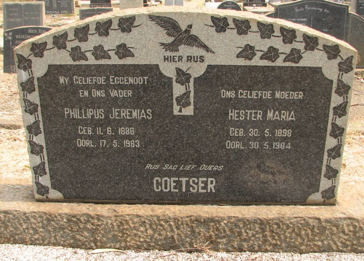 COETSER Phillipus Jeremias 1886-1963 &amp; Hester Maria 1898-1984