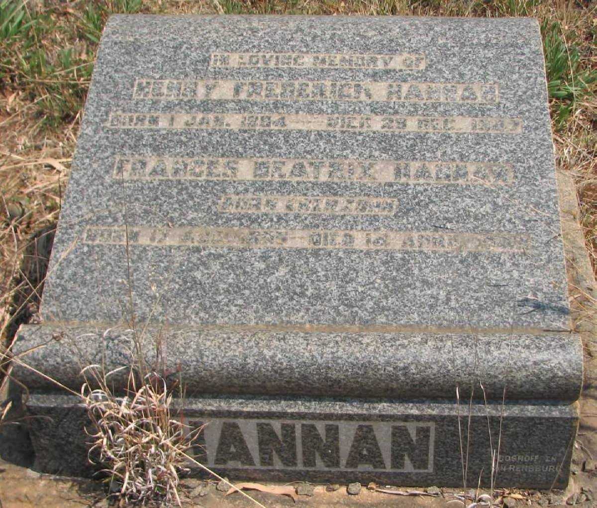 HANNAN Henry Frederick 1894-1947 &amp; Frances Beatrix EBERSOHN -1949
