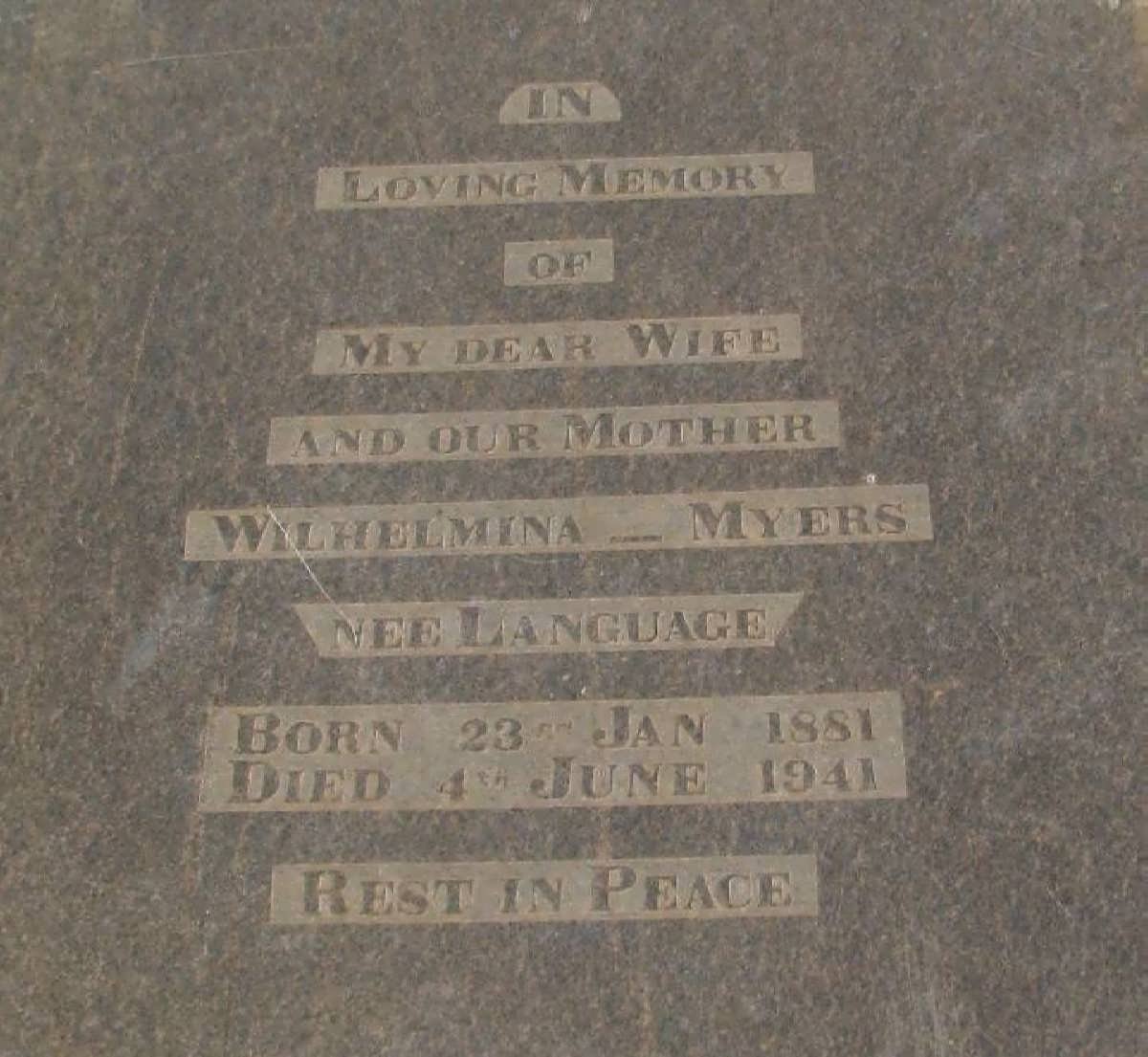 MYERS Wilhelmina nee LANGUAGE 1881-1941