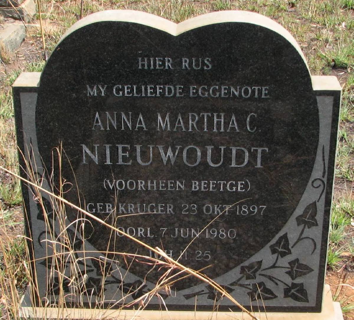 NIEUWOUDT Anna Martha C. BEETGE nee KRUGER 1897-1980