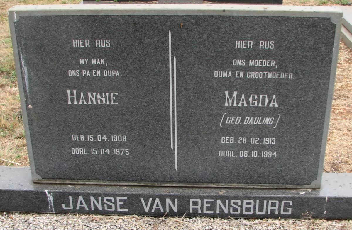 RENSBURG Hansie, Janse van 1908-1975 &amp; Magda BAULING 1913-1994