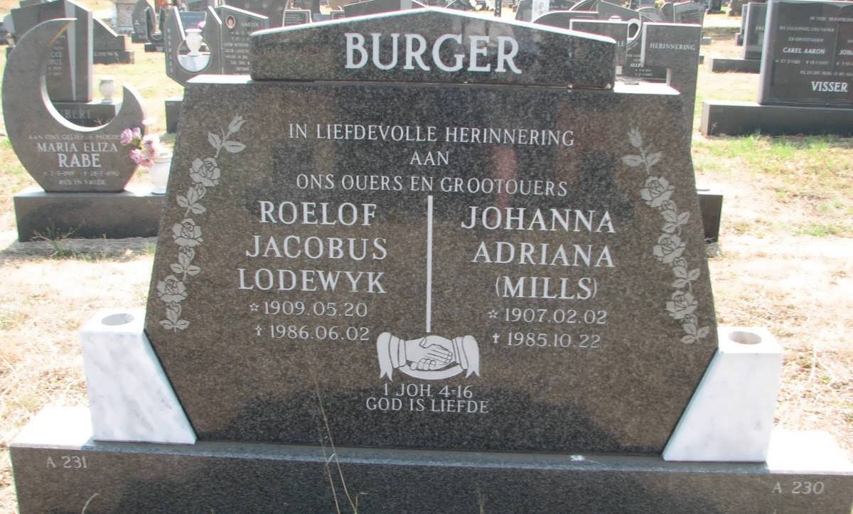 BURGER Roelof Jacobus Lodewyk 1909-1986 &amp; Johanna Adriana MILLS 1907-1985