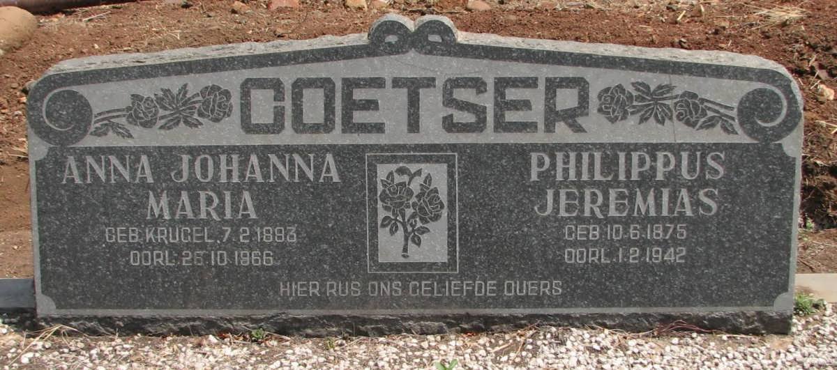 COETSER Philippus Jeremias 1875-1942 &amp; Anna Johanna Maria KRUGER 1883-1966