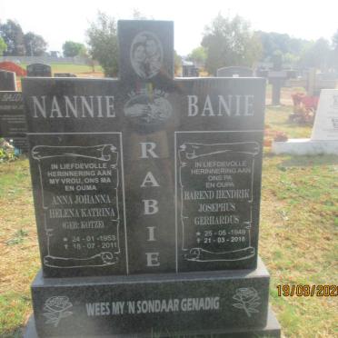 RABIE Barend Hendrik Josephus Gerhardus 1949-2018 &amp; Anna Johanna Helena Katrina KOTZE 1953-2011