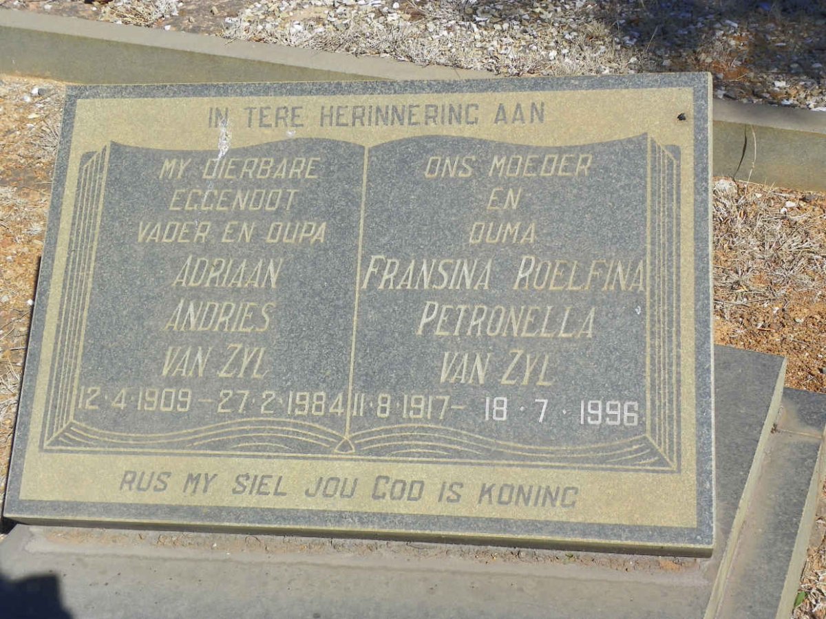 ZYL Adriaan Andries, van 1909-1984 &amp; Fransina Roelfina Petronella 1917-1996