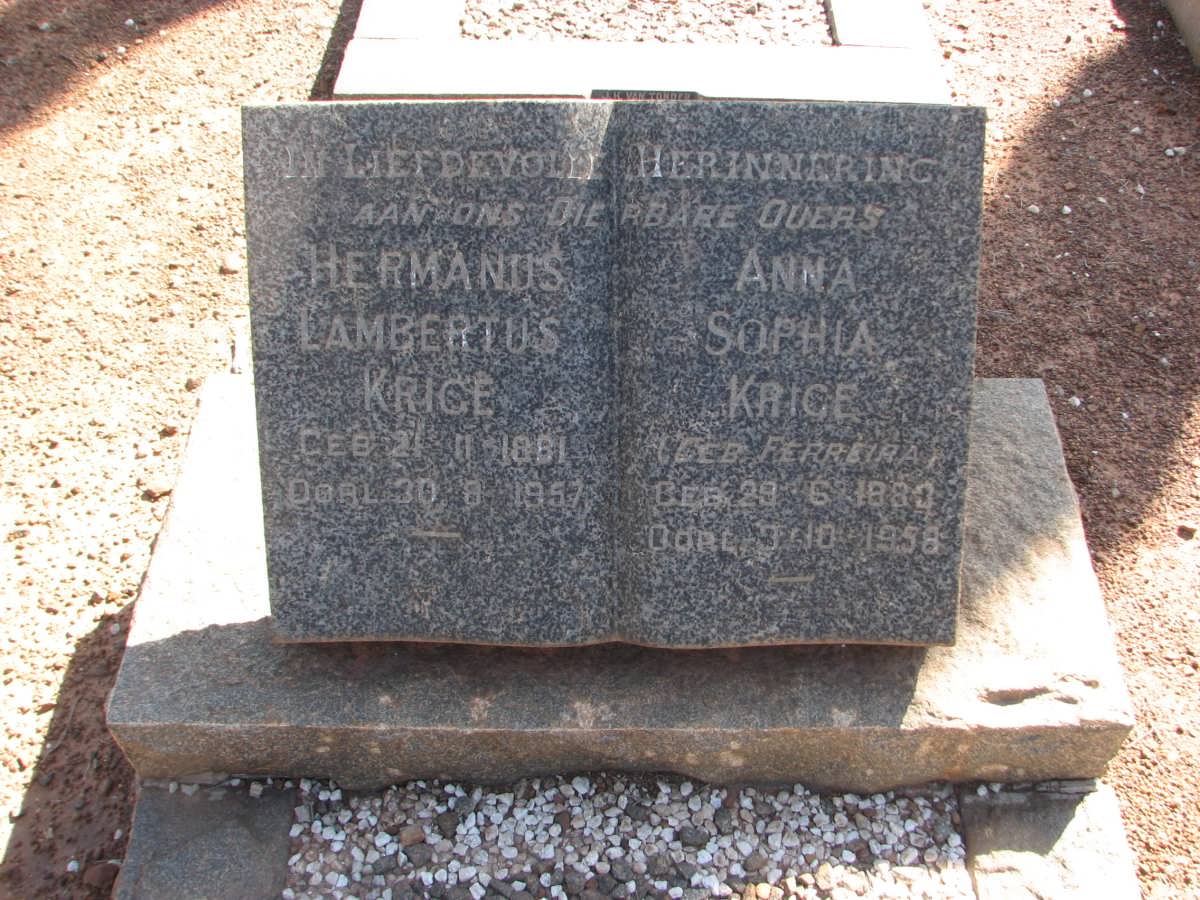 KRIGE Hermanus Lambertus 1881-1957 &amp; Anna Sophia FERREIRA 1883-1958