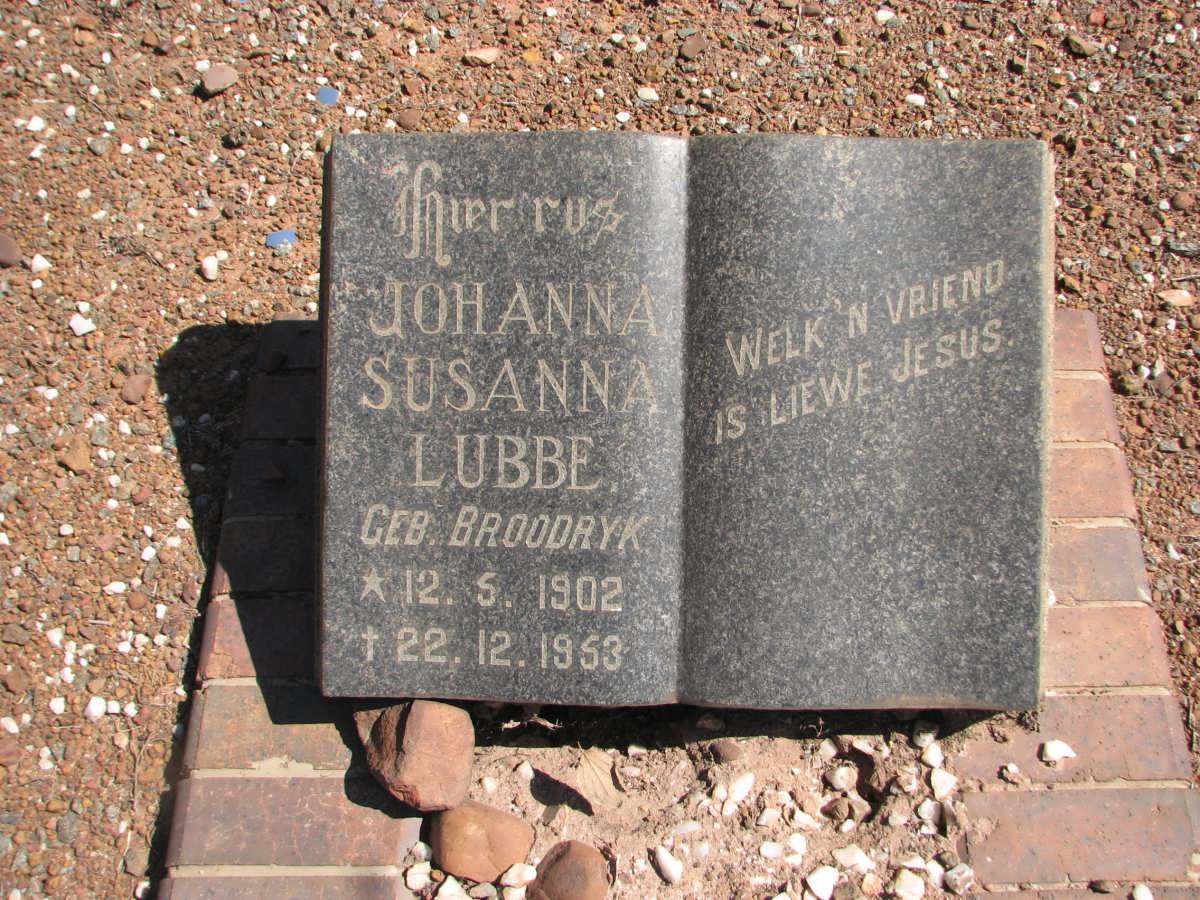 LUBBE Johanna Susanna nee BROODRYK 1902-1953