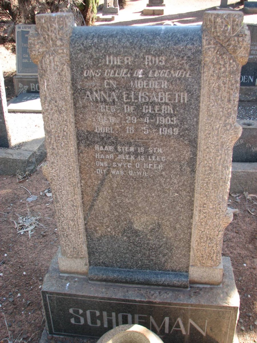 SCHOEMAN Anna Elizabeth nee DE CLERK 1903-1949