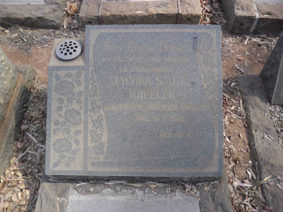 WHEELER Jacoba S.J.F. nee JANSEN VAN RENSBURG 1891-1968