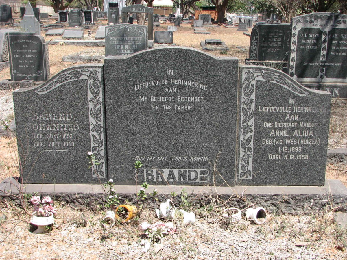 BRAND Barend Johannes 1893-1949 &amp; Annie Alida VAN DER WESTHUIZEN 1893-1958