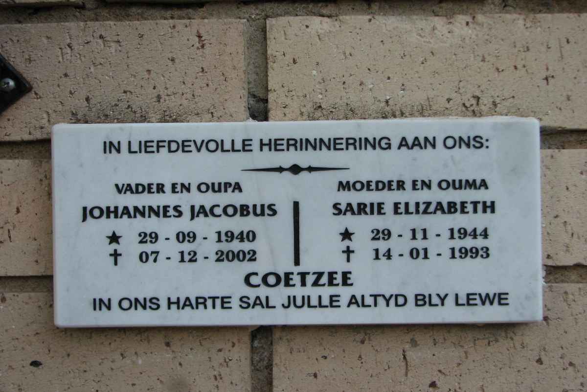COETZEE Johannes Jacobus 1940-2002 &amp; Sarie Elizabeth 1944-1993