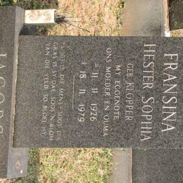 JACOBS Fransina Hester Sophia nee KLOPPER 1926-1979