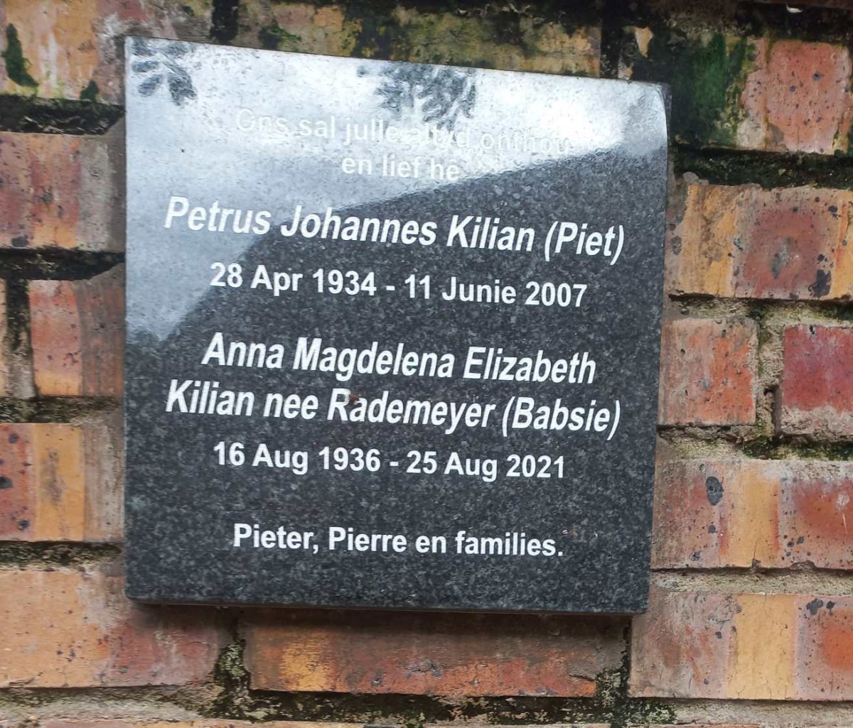 KILIAN Petrus Johannes 1934-2007 & Anna Magdalena Elizabeth RADEMEYER 1936-2021
