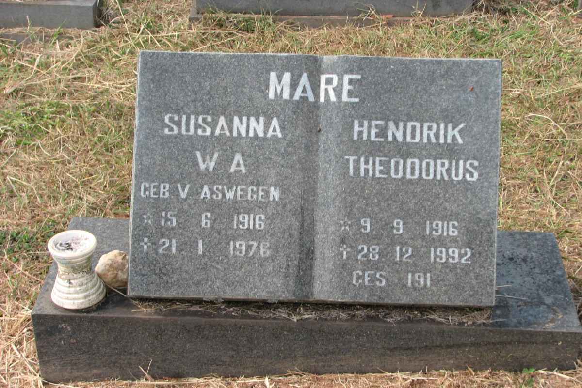 MARE Hendrik Theodorus 1916-1992 &amp; Susanna W.A. VAN ASWEGEN 1916-1976