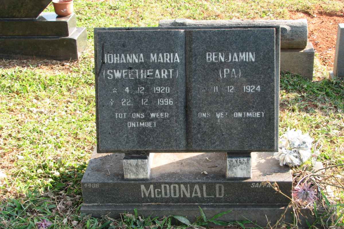 McDONALD Benjamin 1924- &amp; Johanna Maria 1920-1996