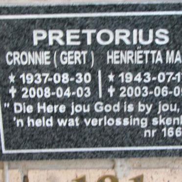 PRETORIUS Cronnie Gert 1937-2008 &amp; Henrietta Maria 1943-2003