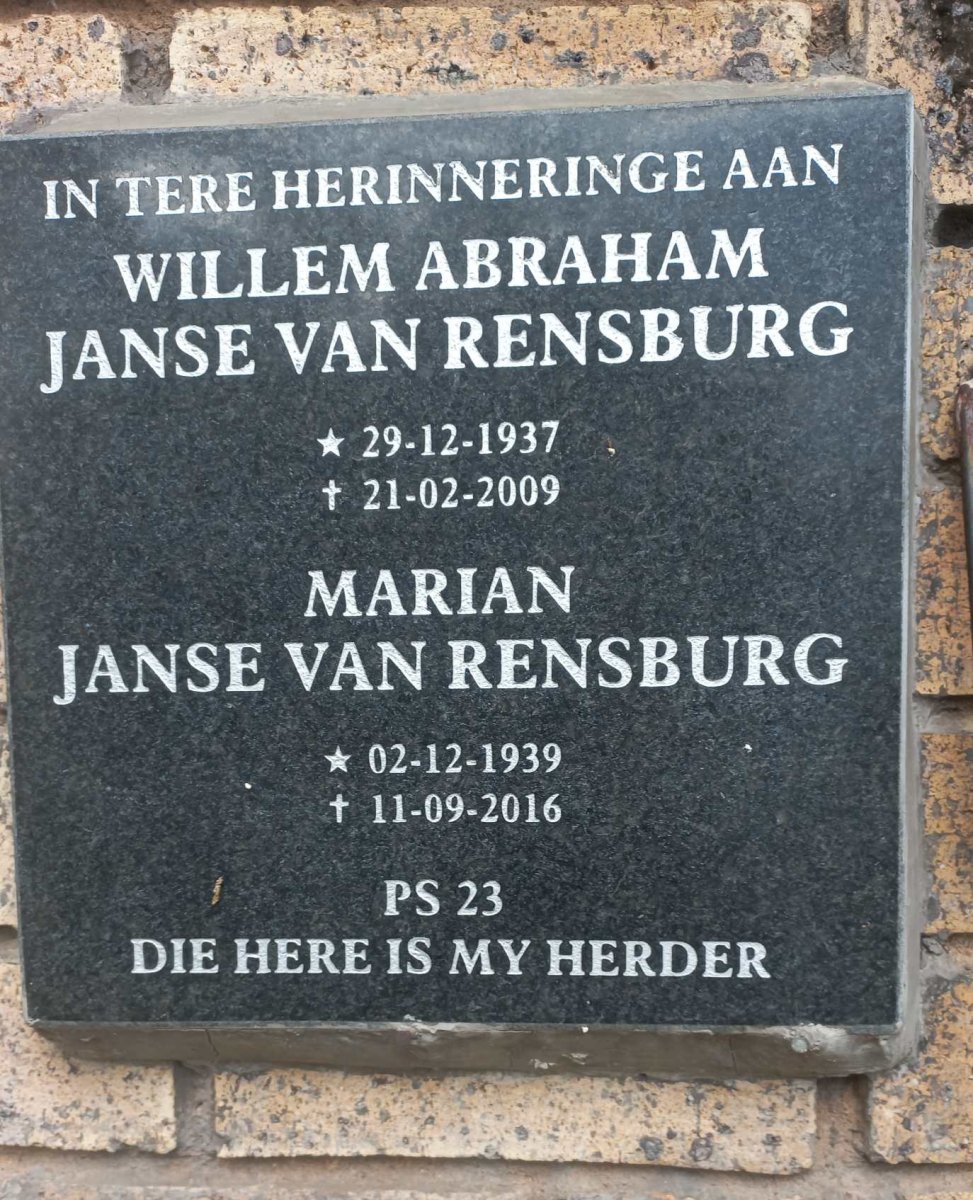 RENSBURG Willem Abraham, Janse van 1937-2009 & Marian 1939-2016