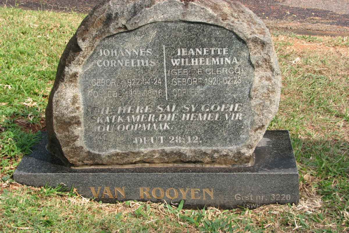ROOYEN Johannes Cornelius, van 1922-1999 &amp; Jeanette Wilhelmina DE CLERCQ 1920-