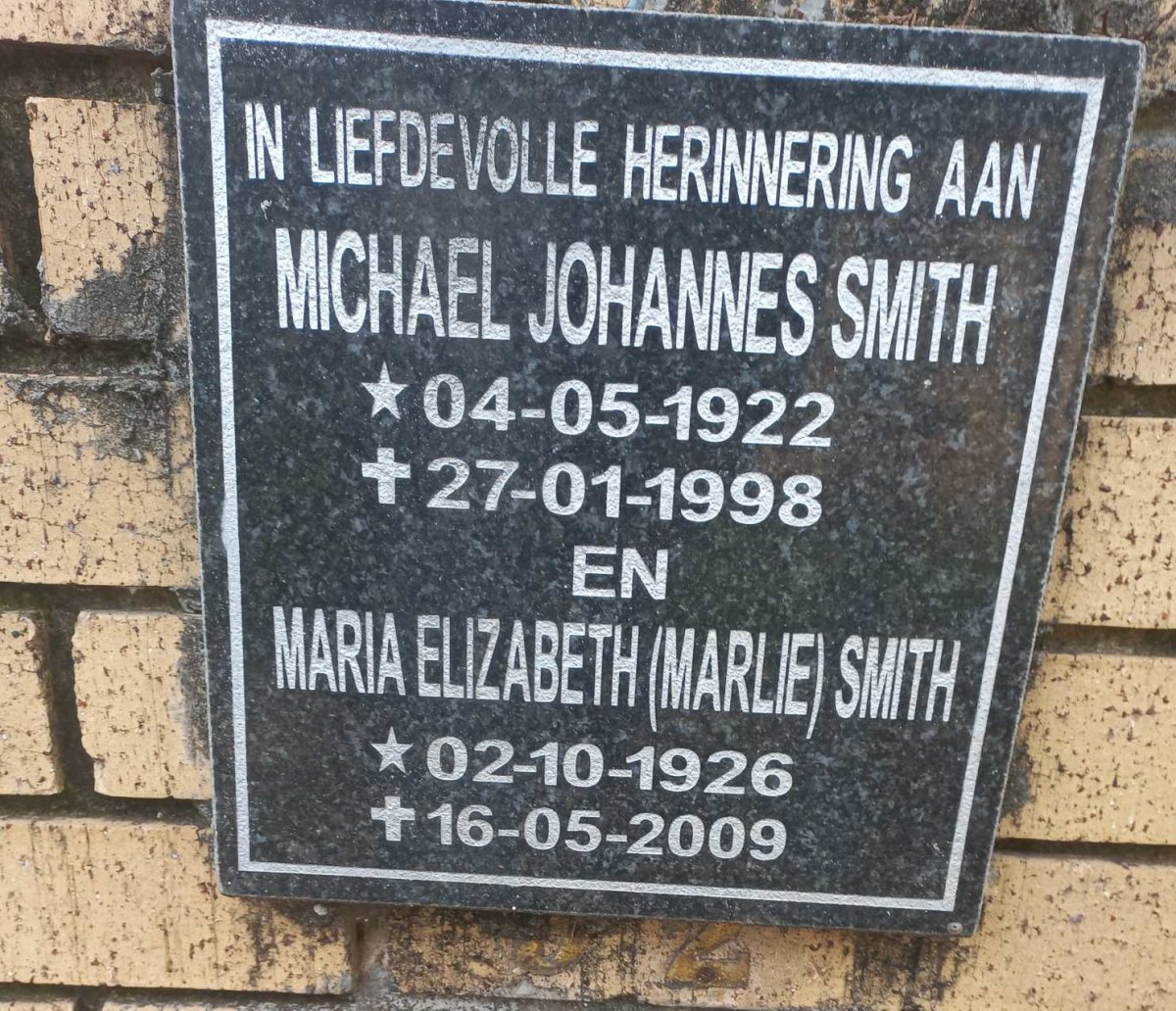 SMITH Michael Johannes 1922-1998 & Maria Elizabeth 1926-2009