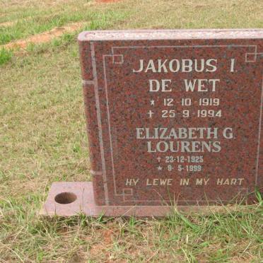 WET Jacobus I.,de 1919-1994 &amp; Elizabeth G. LOURENS 1925-1999