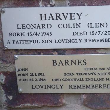 HARVEY Leonard Colin 1945-2002 :: BARNES John 1912-1964 &amp; Pheda ALLISON 1914-2005