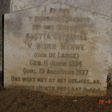 MERWE Aletta Catharina, van der nee DE LANGE 1884-1937