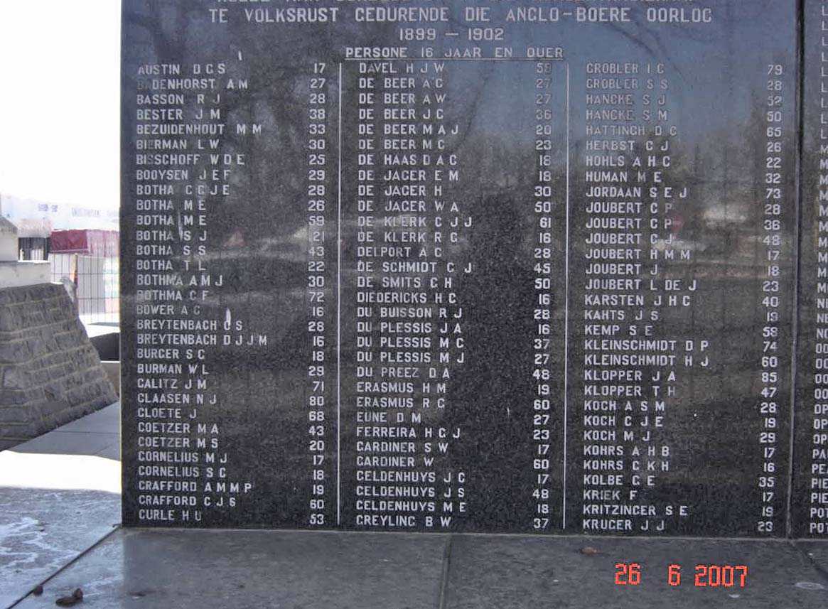 Volksrust concentration camp victims 1899-1902. Persons above the age of 16. A - K