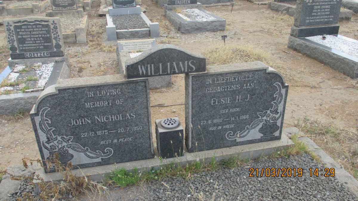 WILLIAMS John Nicholas 1875-1950 & Elsie H.J. KOCK 1882-1966