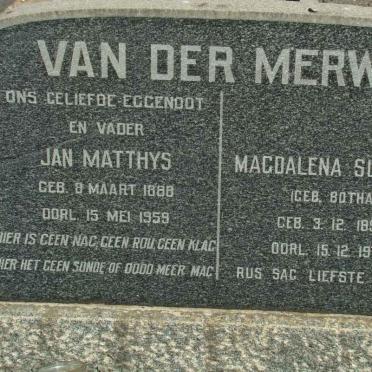 MERWE Jan Matthys, van der 1888-1959 &amp; Magdalena Susanna BOTHA 1899-1970