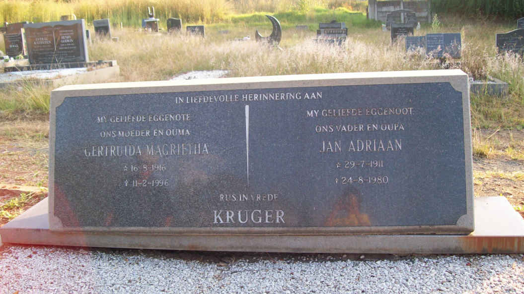 KRUGER Jan Adriaan 1911-1980 &amp; Gertruida Magrietha 1916-1996