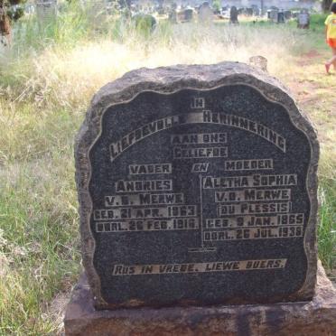 MERWE Andries, van der 1863-1916 &amp; Aletta Sophia DU PLESSIS 1865-1936